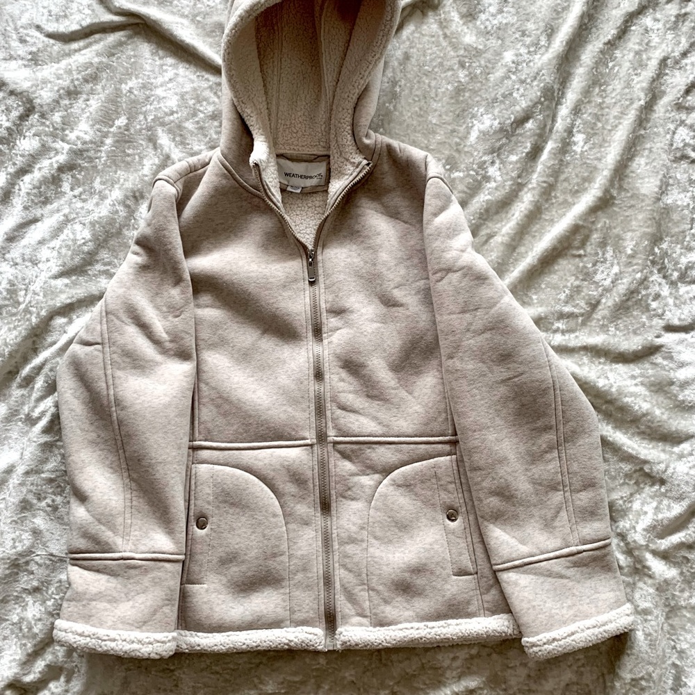 Weatherproof Sweatshirt Material Hoodie Jacket lined with Faux Sherpa Wool.